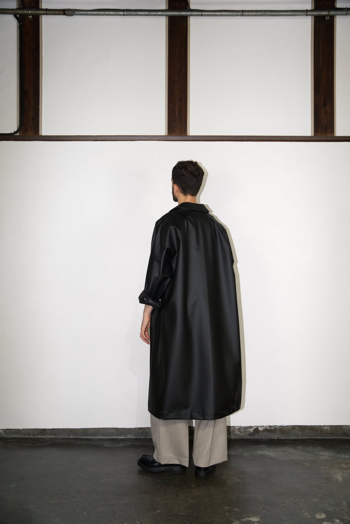 matt black Bal Collar Coat in Cactus Leather from the back 2