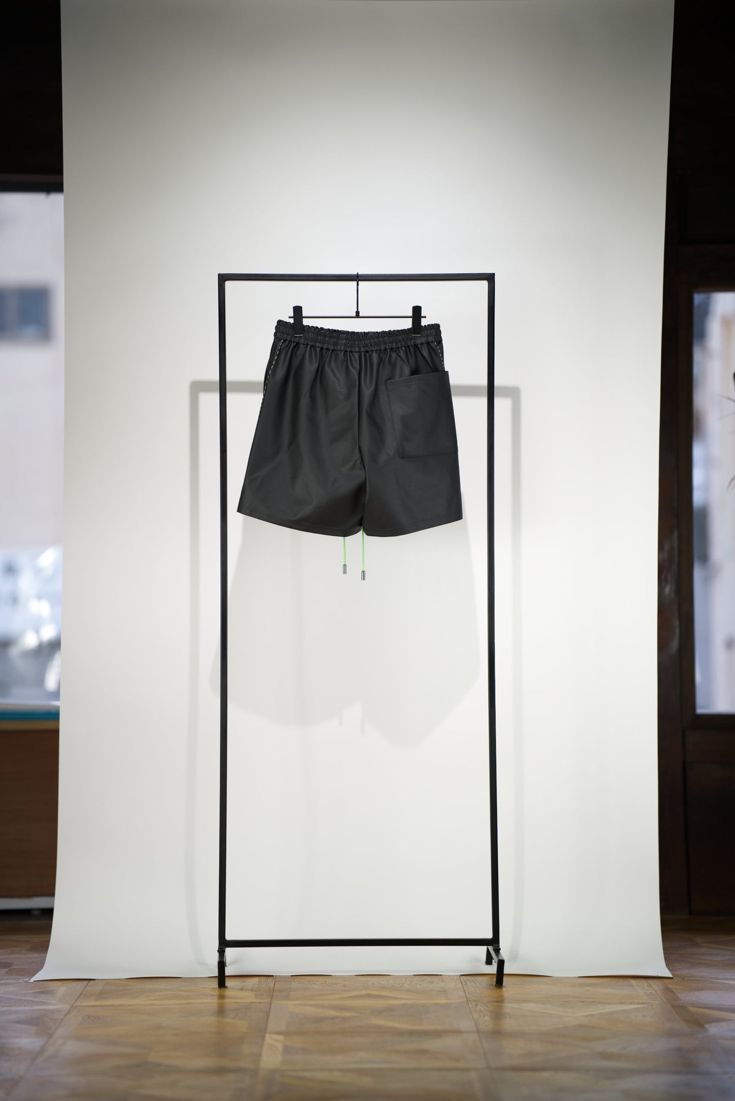 back side Hand-Stitched SCENE Cactus Leather Shorts - neon green