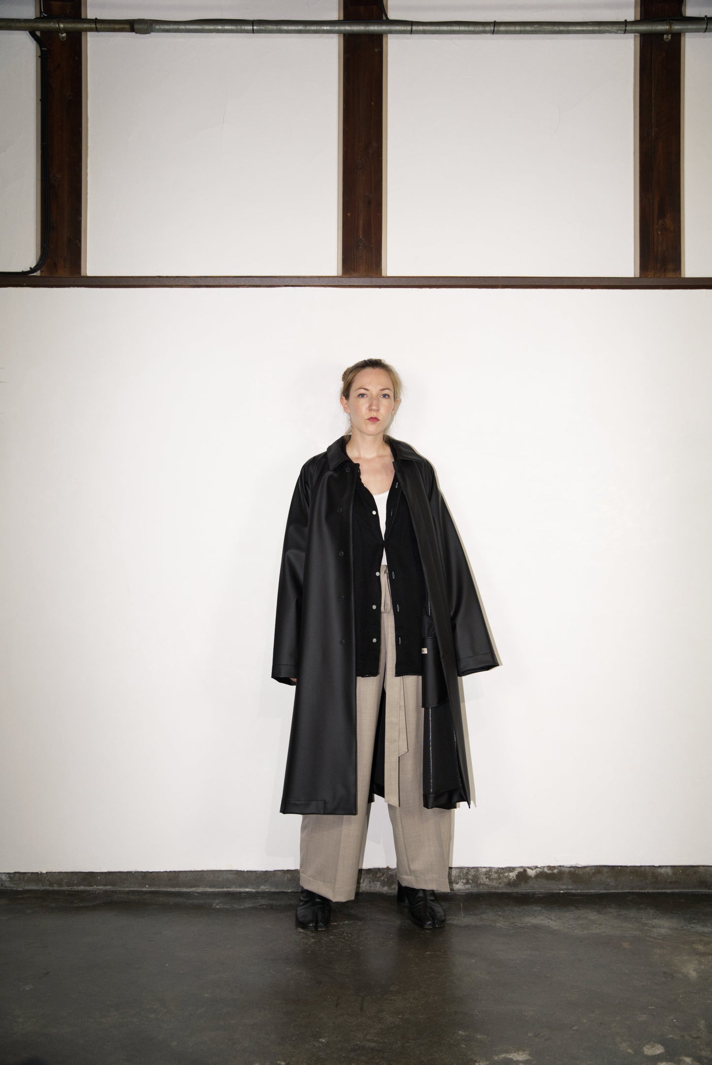 matt black Bal Collar Coat in Cactus Leather oversized