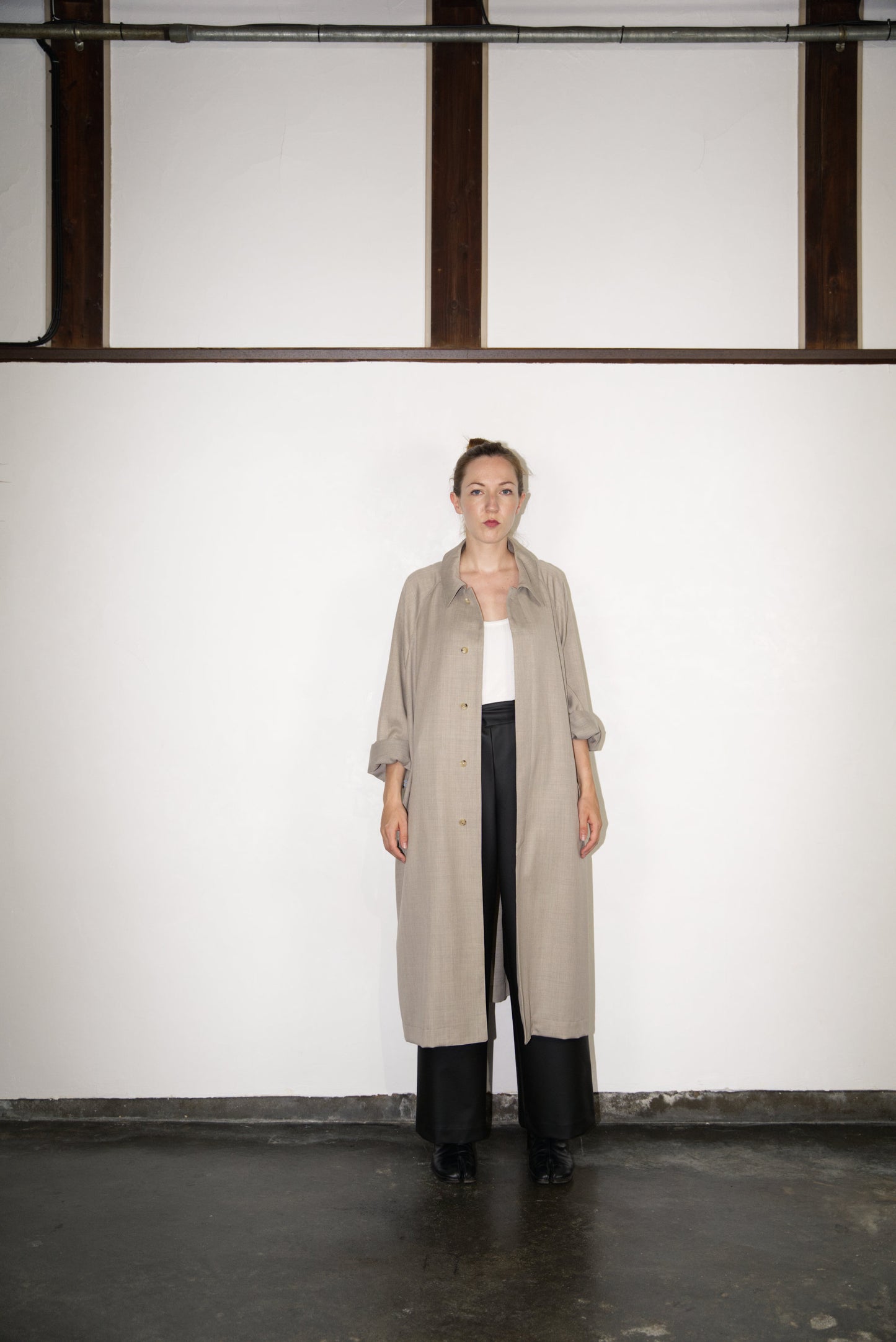écru Bal Collar Coat in Wool with folded sleeves