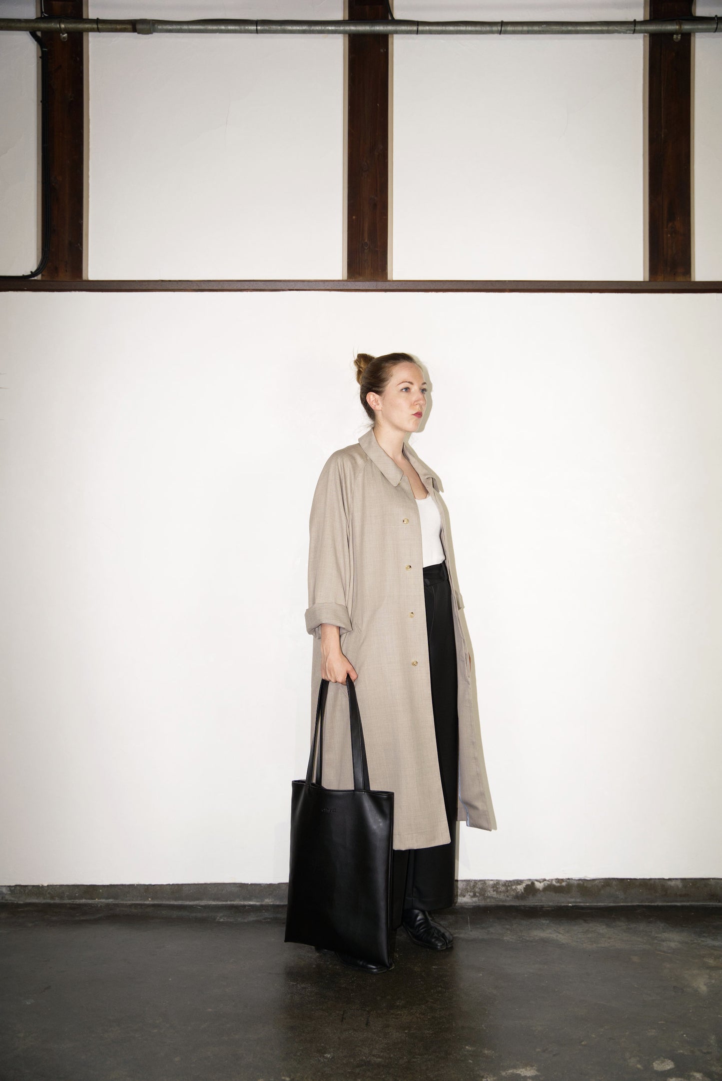 écru Bal Collar Coat in Wool with the VOID Tote Bag in Cactus Leather