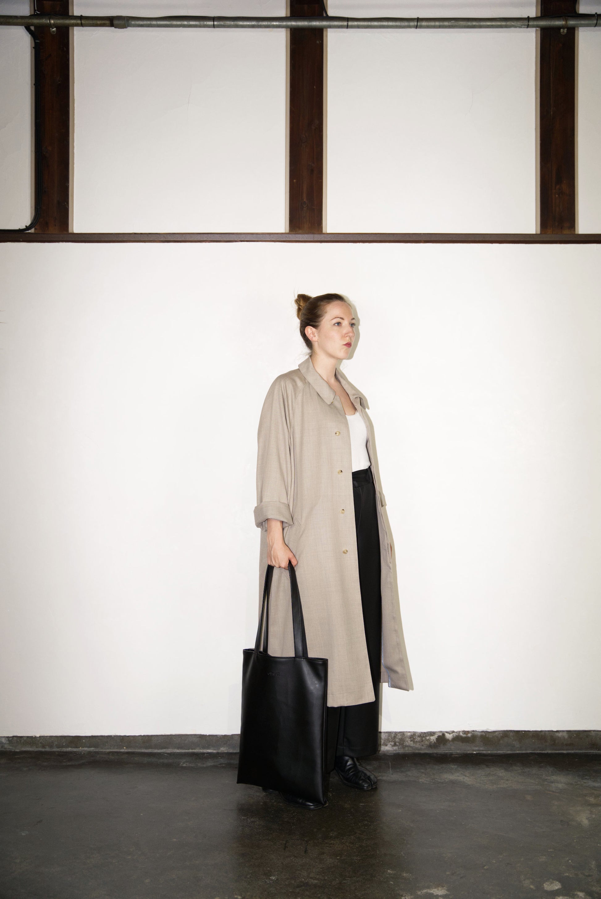écru Bal Collar Coat in Wool with the VOID Tote Bag in Cactus Leather