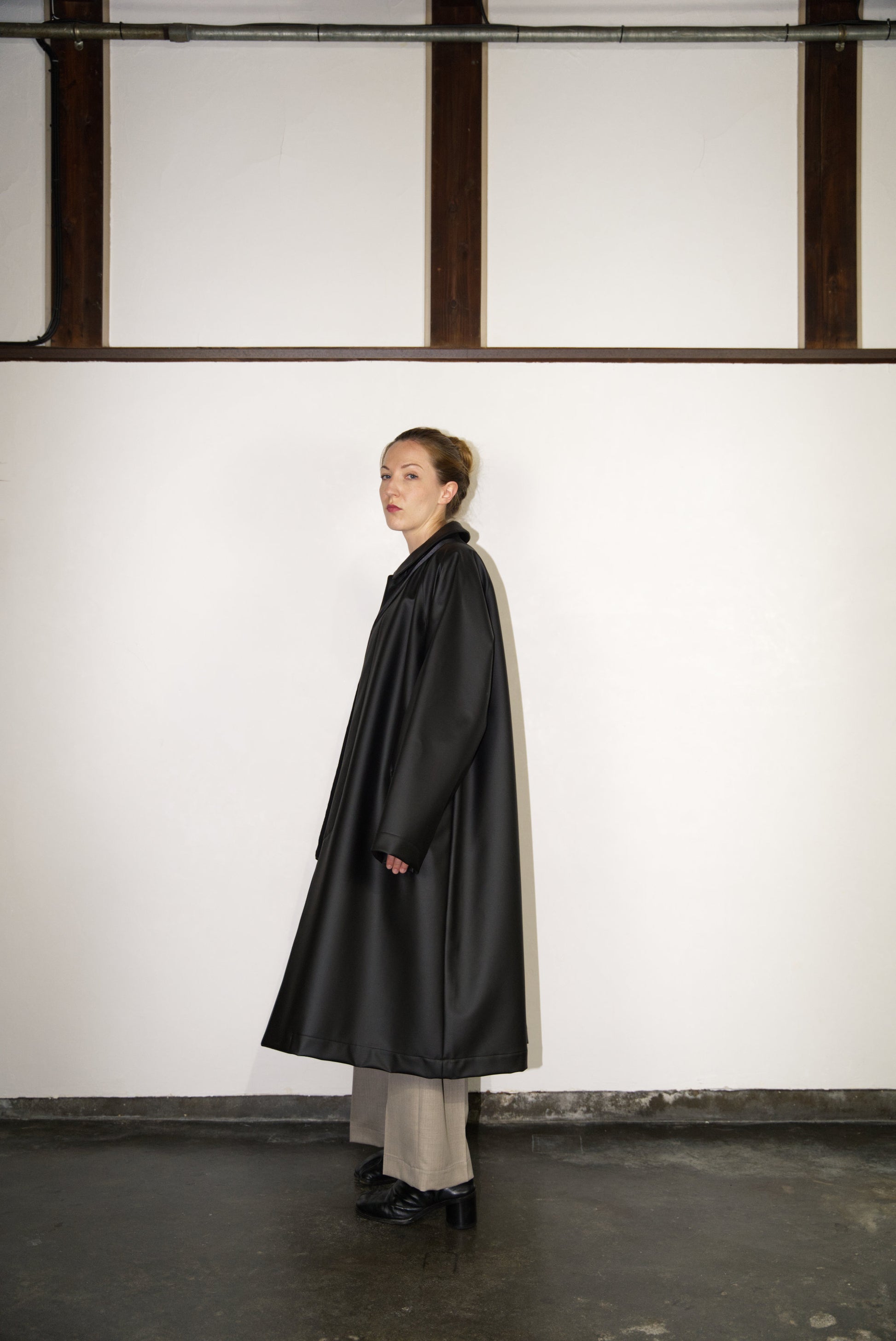 matt black Bal Collar Coat in Cactus Leather with A-Line