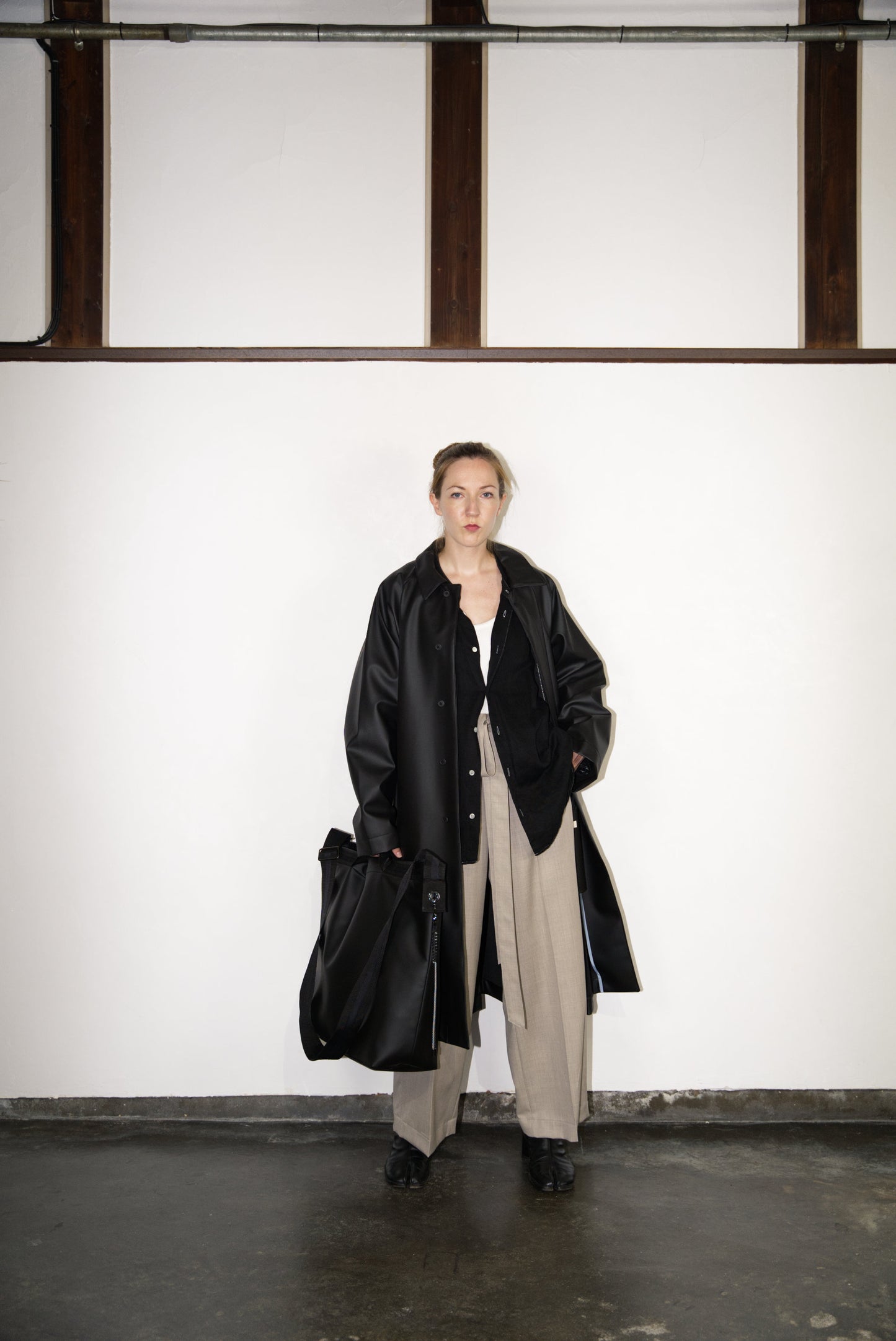 Belted Wide Flare Trousers in Wool from the front